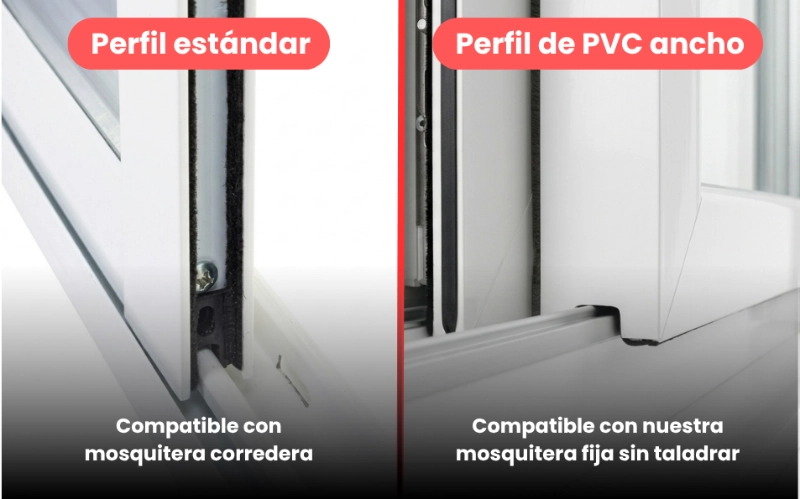 Comparativa de espacio en riel de ventana corredera estándar versus perfil de PVC grueso